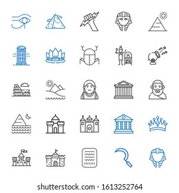 history icons set. Collection of history with egyptian, sickle, egypt, castle, crown, parthenon, pyramid, plato, alexander the great, colosseum. Editable and scalable history icons.