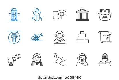 history icons set. Collection of history with olympus, plato, pyramid, alexander the great, cannon, parchment, socrates, column, armor, parthenon. Editable and scalable history icons.