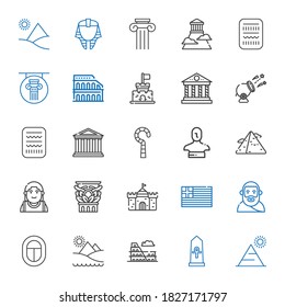 history icons set. Collection of history with pyramid, egypt, colosseum, plato, greece, castle, column, alexander the great, statue, parthenon. Editable and scalable history icons.