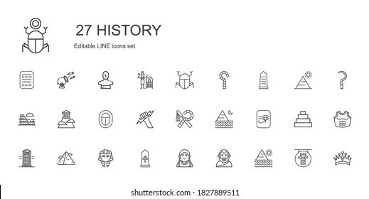 history icons set. Collection of history with pyramid, aristotle, alexander the great, egypt, egyptian, phone booth, zeus, olympus, colosseum. Editable and scalable history icons.