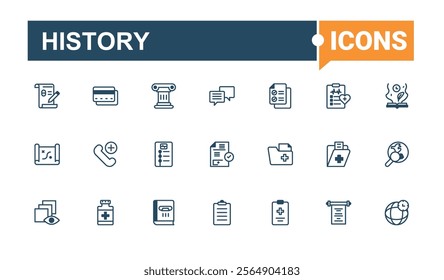 History icons set. Contains such icons as dead, graphic, paint, museum, history, clock, silhouette and more. Flat UI icon design. Solid line editable stroke. Vector line and solid icons.
