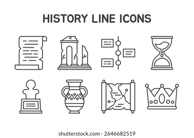 Ícones de histórico Definido com 8 ícones de linha editáveis em um estilo mínimo. Perfeito para uso em materiais de educação histórica, gráficos de museu, linhas do tempo, infográficos, aplicativos e apresentações acadêmicas.