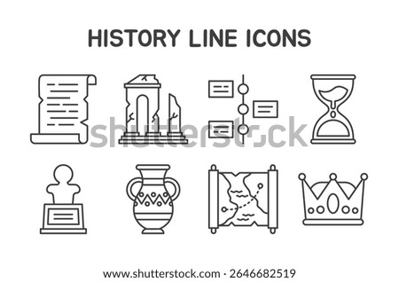 History Icons Set featuring 8 editable line icons in a minimal style. Perfect for use in historical education materials, museum graphics, timelines, infographics, apps, and academic presentations.