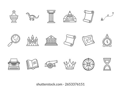 History icons set featuring a dinosaur, scroll, map, castle, other historical objects
