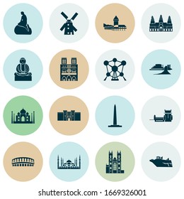 History icons set with great buddha, washington monument, atomium and other medieval tower elements. Isolated vector illustration history icons.