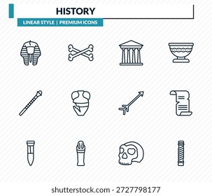 conjunto de ícones de história - esfinge, bones, panteão, papel velho, pilares contorno vetor coleção.