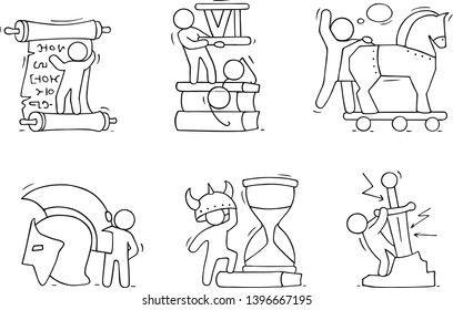 History icons set with studing little people. Doodle cute miniature of teamwork and ancient symbols. Hand drawn cartoon vector illustration for school subject design.