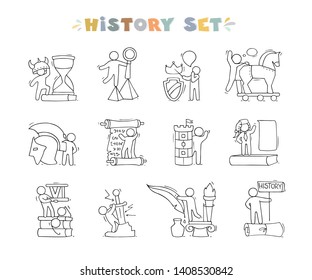 History icons set with studing little people. Doodle cute miniature of teamwork and ancient symbols. Hand drawn cartoon vector illustration for school subject design.