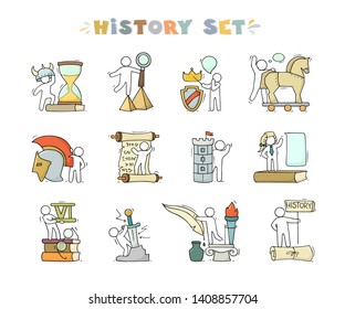 History icons set with studing little people. Doodle cute miniature of teamwork and ancient symbols. Hand drawn cartoon vector illustration for school subject design.