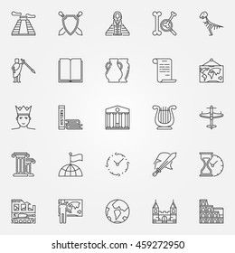 History icons set - vector collection of thin line history school subject signs or design elements