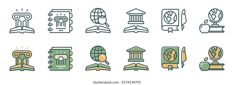 history journal book icon line set education learning earth ancient museum medieval building literature research signs vector illustration for web and app