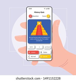 History knowledge check smartphone interface vector template. Mobile app page white design layout. Historical quiz screen. Flat UI for application. Hand holding phone with question, answers on display