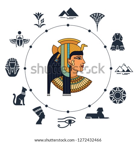 History landmarks of Egypt. Cultural objects and symbols of Egyptians. Egyptian landmark pyramid architecture, vector illustration, icon set.