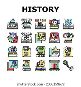 History Learn Educational Lesson Icons Set Vector. Environmental And Art, Political And Economic, Intellectual And Science History, Ancient Ruins And Gate Researching Line. Color Illustrations