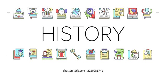 Historia Aprender Lección Educativa Iconos Set Vector. Medio Ambiente Y Arte, Historia Política Y Económica, Intelectual Y Científica, Ruinas Antiguas Y Línea De Investigación De Puertas. Ilustraciones de color