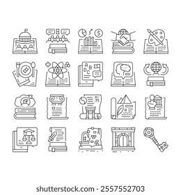 History Learn Educational Lesson Icons Set Vector. Environmental And Art, Political And Economic, Intellectual And Science History, Ancient Ruins And Gate Researching Black Contour Illustrations