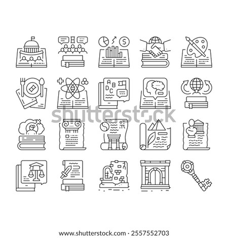 History Learn Educational Lesson Icons Set Vector. Environmental And Art, Political And Economic, Intellectual And Science History, Ancient Ruins And Gate Researching Black Contour Illustrations