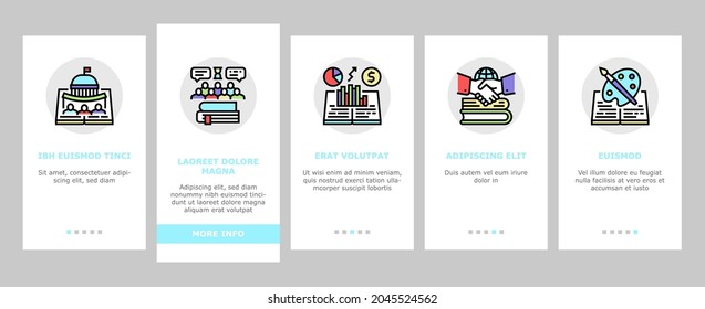 History Learn Educational Lesson Onboarding Mobile App Page Screen Vector. Environmental And Art, Political And Economic, Intellectual Science History, Ancient Ruins And Gate Researching Illustrations