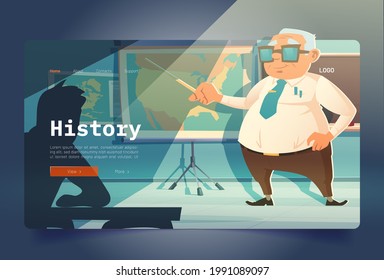 History learning banner with teacher and children in school classroom. Vector landing page of historical education with cartoon class interior with blackboard, map, teacher and student at desk