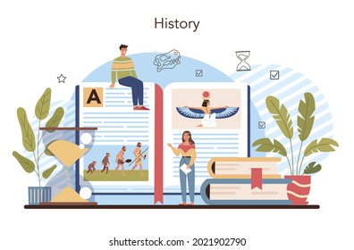 History lesson concept. History school subject, knowledge of the past and ancient civilization. Idea of science and education. Isolated vector illustration in flat style