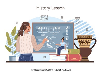 History lesson concept. History school subject, knowledge of the past and ancient civilization. Idea of science and education. Isolated vector illustration in flat style