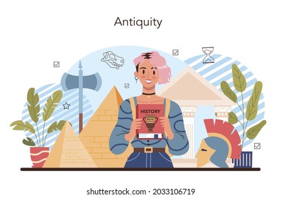 History lesson concept. History school subject, knowledge of the past and ancient civilization. Idea of science and education. Isolated vector illustration in flat style