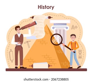 History lesson concept. History school subject, knowledge of the past and ancient civilization. Idea of science and education. Isolated vector illustration in flat style