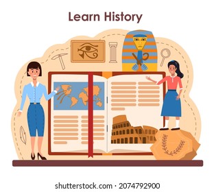 History lesson concept. History school subject, knowledge of the past and ancient civilization. Idea of science and education. Isolated vector illustration in flat style