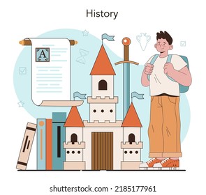 History lesson concept. History school subject, knowledge of the past and ancient civilization. Idea of science and education. Vector illustration in flat style