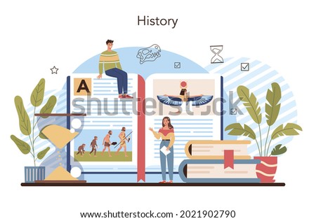 History lesson concept. History school subject, knowledge of the past and ancient civilization. Idea of science and education. Isolated vector illustration in flat style