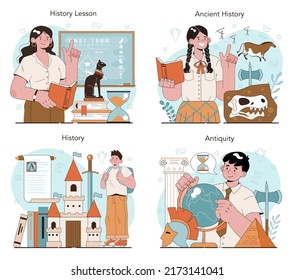 History lesson concept set. History school subject, knowledge of the past and ancient civilization. Idea of science and education. Vector illustration in flat style