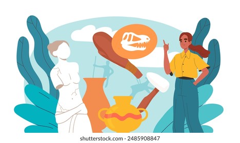 History lesson concept. Woman near marble bust and ceramics vases. Archeology and paleontology. Historical objects and treasures. Education and learning. Cartoon vector illustration