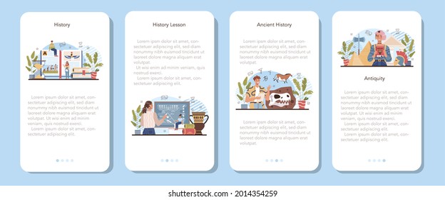 History lesson mobile application banner set. History school subject, knowledge of the past and ancient civilization. Idea of science and education. Isolated vector illustration in flat style