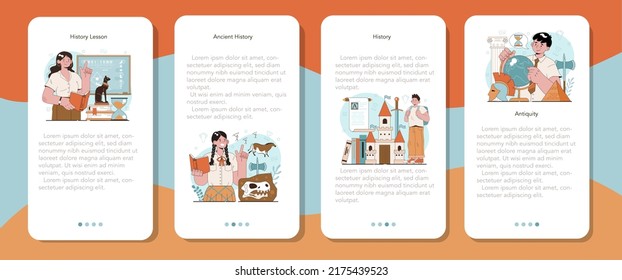 History lesson mobile application banner set. History school subject, knowledge of the past and ancient civilization. Idea of science and education. Vector illustration in flat style