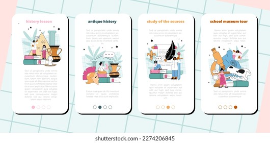 History lesson mobile application banner set. History school class. Studying of the past and ancient civilization culture. Research and education. Flat vector illustration