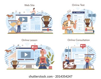 History lesson online service or platform set. History school subject, knowledge of the past and ancient civilization. Online lesson, test, consultation, website. Flat vector illustration
