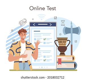 History lesson online service or platform. History school subject, knowledge of the past and ancient civilization. Online test. Flat vector illustration