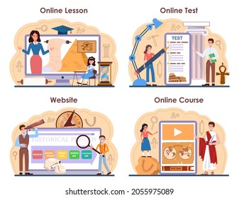 History lesson online service or platform set. History school subject, knowledge of the past and ancient civilization. Online test, lesson, course, website. Flat vector illustration