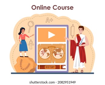 History lesson online service or platform. History school subject, knowledge of the past and ancient civilization. Online course. Flat vector illustration