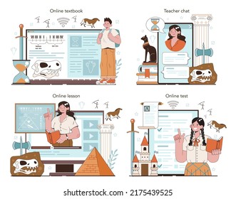 History Lesson Online Service Or Platform Set. History School Subject, Knowledge Of The Past And Ancient Civilization. Online Textbook, Chat, Test, Lesson. Flat Vector Illustration