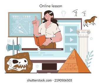 History lesson online service or platform. History school subject, knowledge of the past and ancient civilization. Online lesson. Flat vector illustration