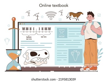 History Lesson Online Service Or Platform. History School Subject, Knowledge Of The Past And Ancient Civilization. Online Textbook. Flat Vector Illustration