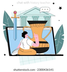 History lesson online service or platform. History school class. Studying of the past and ancient civilization culture. Online chat. Flat vector illustration