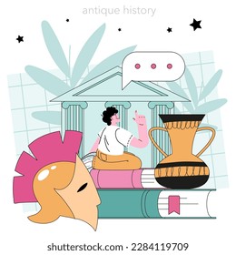 History lesson. History school class. Studying of the past and ancient civilization culture. Student learning antique past. Research and education. Flat vector illustration