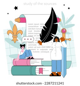 History lesson. History school class. Studying of the past and ancient civilization culture. Student learning antique past. Research and education. Flat vector illustration