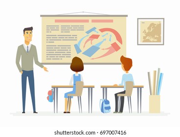 History lesson at school - modern cartoon people characters illustration with a young teacher and schoolchildren. An image of modern school and classroom with visual aids, map, bags, desk, tubes