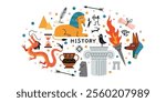 History lesson at school, science of the past. Oval art with monuments, ancient artifacts, drawings and products, the sphinx, capitals and dragon. Vector isolated illustration, hand drawn, flat