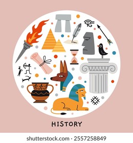 History lesson at school, science of the past. Round art with monuments, ancient artifacts, drawings and products, the sphinx, capitals and pyramids. Vector isolated illustration, hand drawn, flat