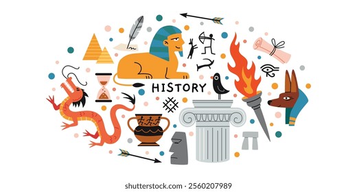 History lesson at school, science of the past. Oval art with monuments, ancient artifacts, drawings and products, the sphinx, capitals and dragon. Vector isolated illustration, hand drawn, flat