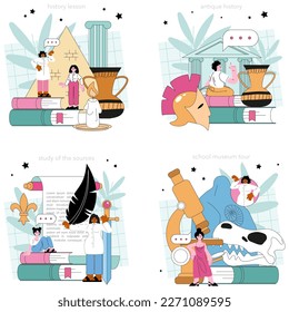 History lesson set. History school class. Studying of the past and ancient civilization culture. Student learning antique time. Research and education. Flat vector illustration